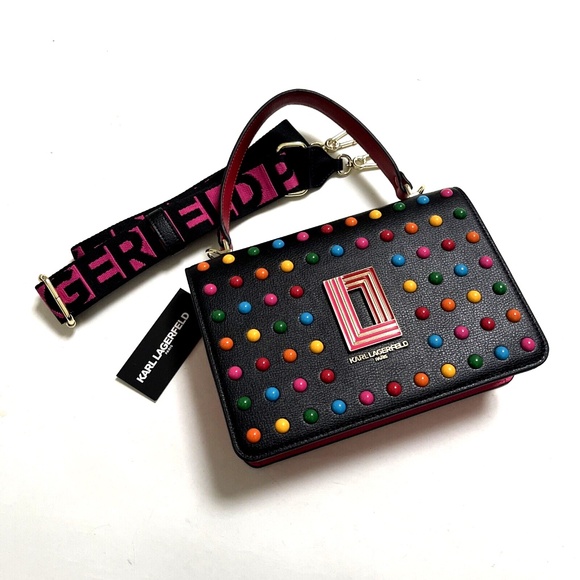NWT Original $230 Karl Lagerfeld Paris Simone Flap Top Handle Crossbody Studded - Picture 3 of 11